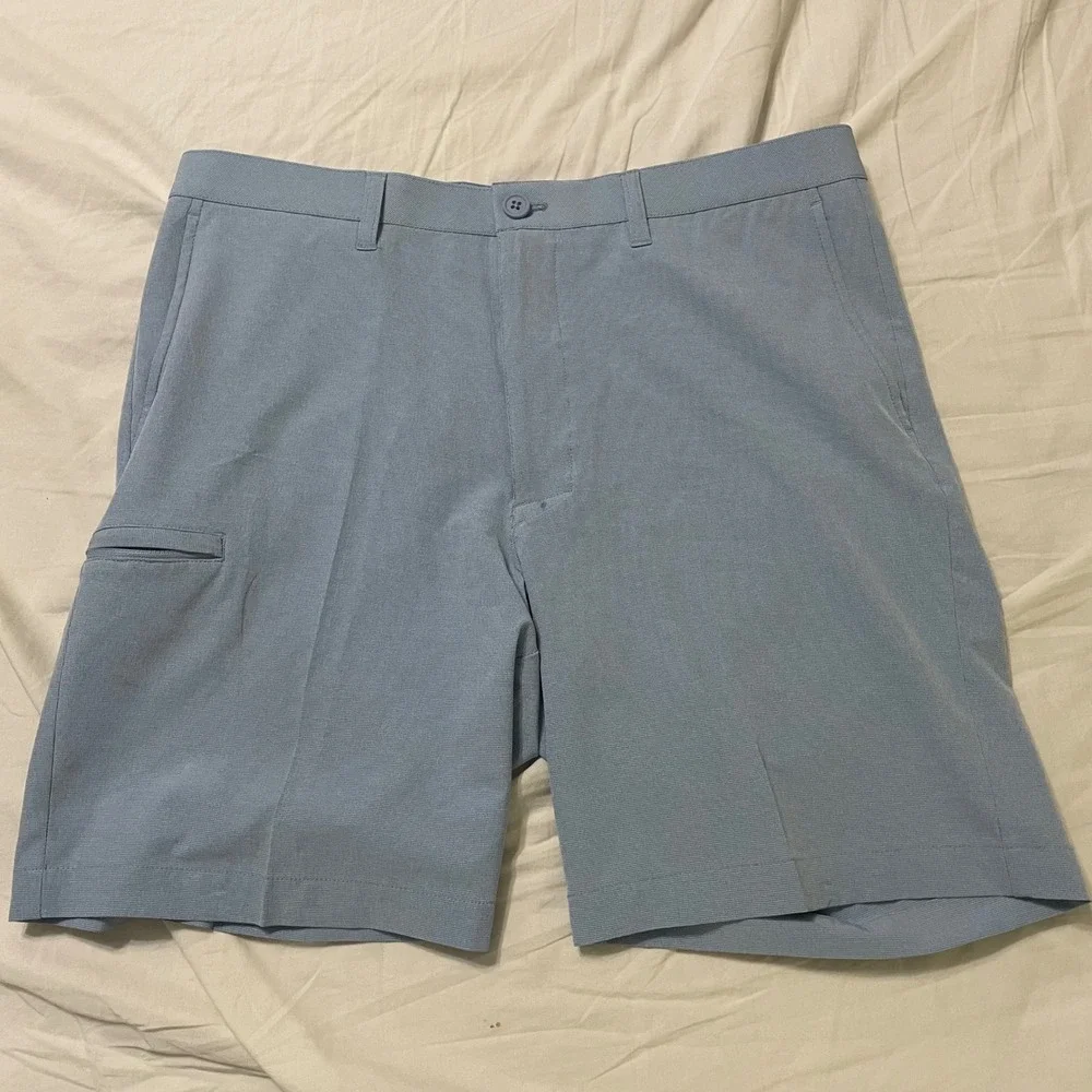 Roundtree & Yorke Shorts Men36 Blue Performance Golf Flat Front Stretch 9 Inseam